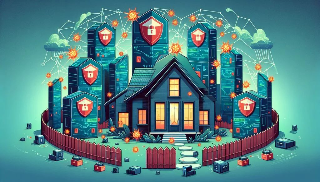 Una casa darrere d'una tanca vermella recolzada per torres de servidors amb escuts de cadenat, amb esclats taronges de malware al seu voltant continguts per defenses actualitzades.