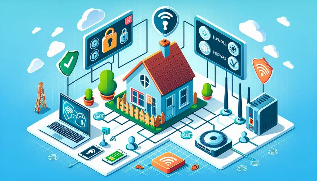 Escena isomètrica de xarxa domèstica amb una casa connectada a un portàtil, un telèfon i un router, a més d'icones flotants de cadenat i escut per al control d'accés.