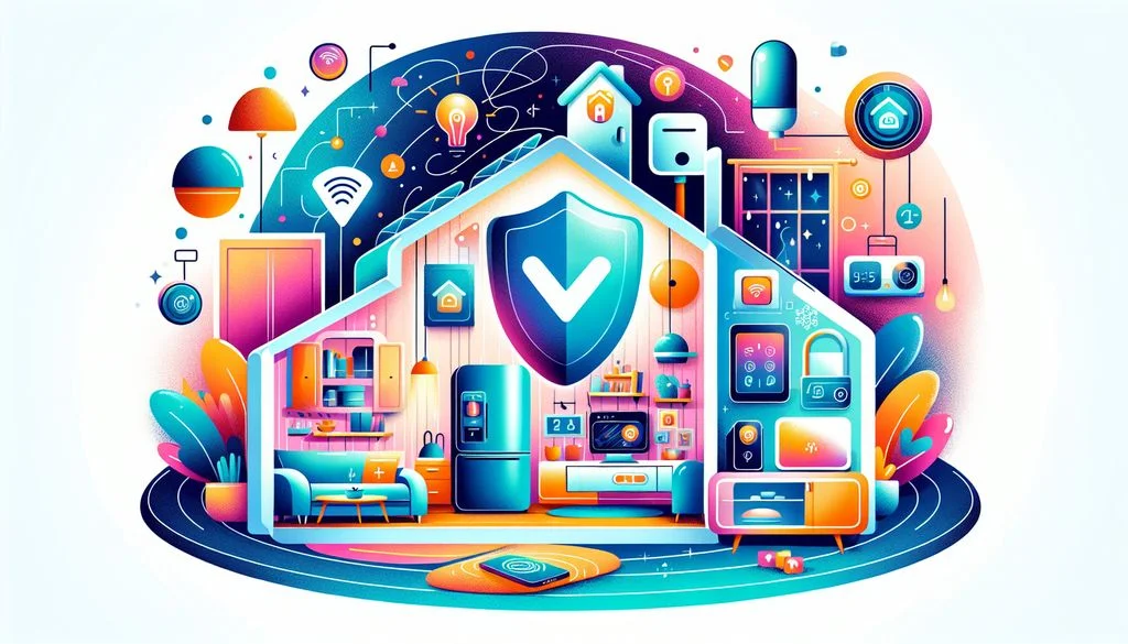 Vista tallada de l'interior d'una llar intel·ligent amb un gran escut central amb una marca de verificació i icones de dispositius connectats, que representa una xarxa protegida lliure de malware.