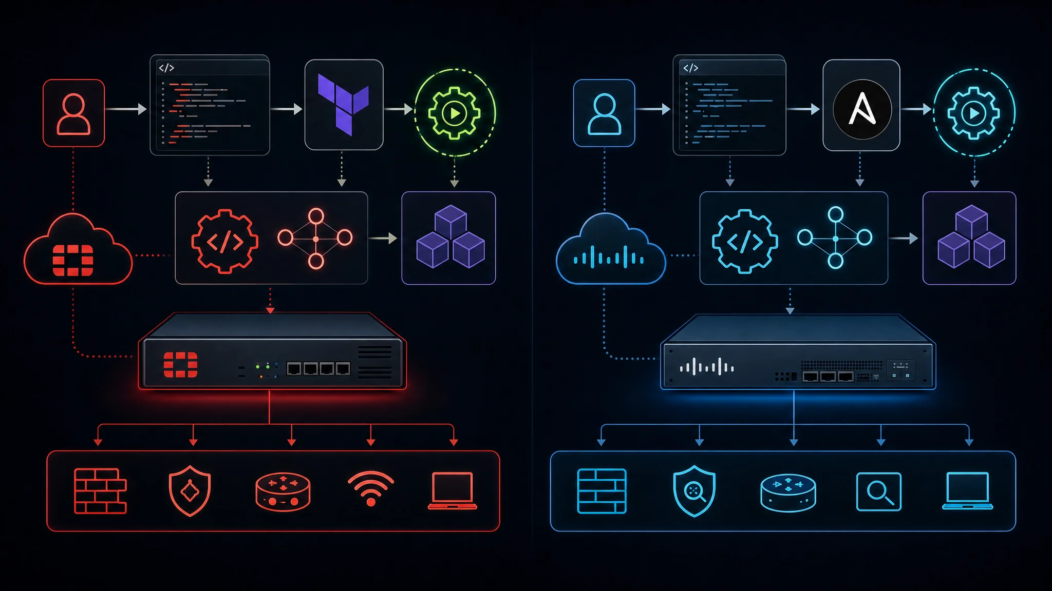 Diagrama que compara l'automatització FortiGate REST API i Terraform amb l'API Cisco Firepower Management Center i mòduls Ansible per a infraestructura de seguretat de xarxa com a codi