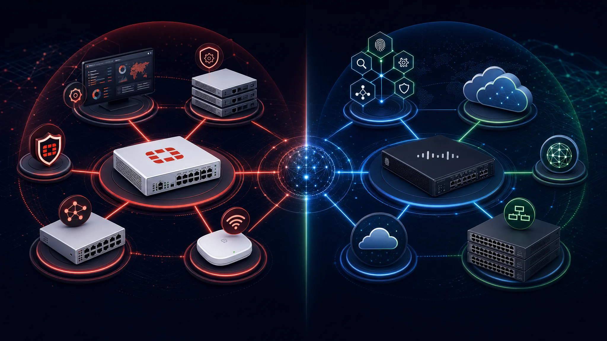 Diagrama comparatiu que mostra l'ecosistema de productes Fortinet Security Fabric incloent FortiGate, FortiSwitch, FortiManager i FortiAP versus l'ecosistema Cisco Secure incloent Firepower, Catalyst, SecureX i Umbrella