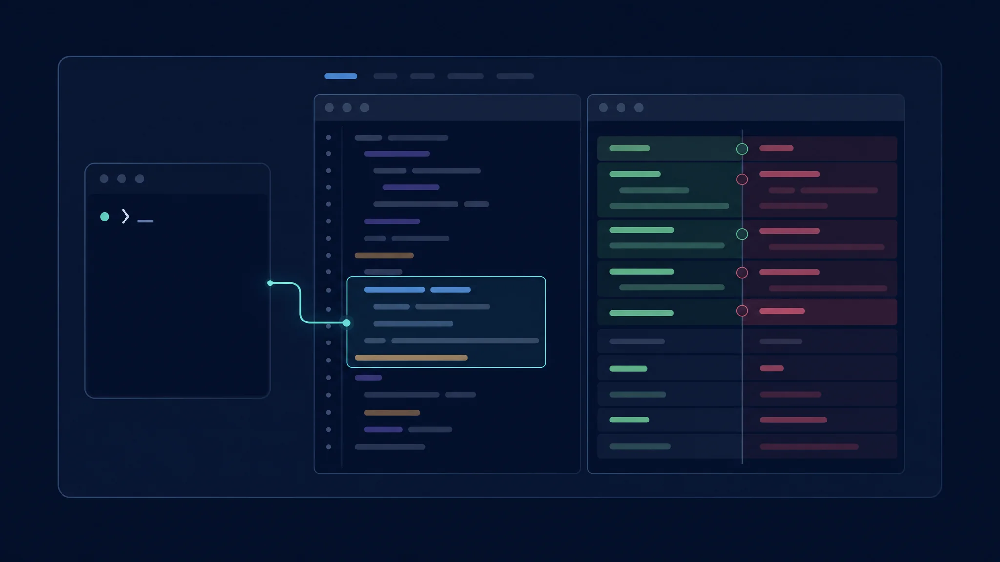 Indicació de terminal vinculada a una selecció de l’editor i a una diferència de codi costat per costat dins un repositori