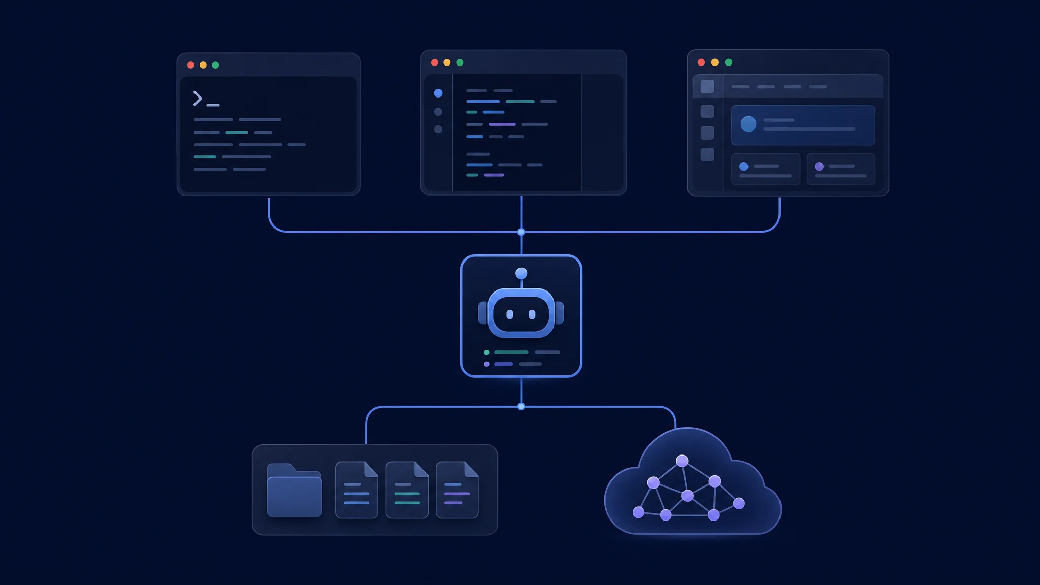 Clients de terminal i d'escriptori connectats a un servidor d'agent, fitxers del repositori i un servei d'inferència separat
