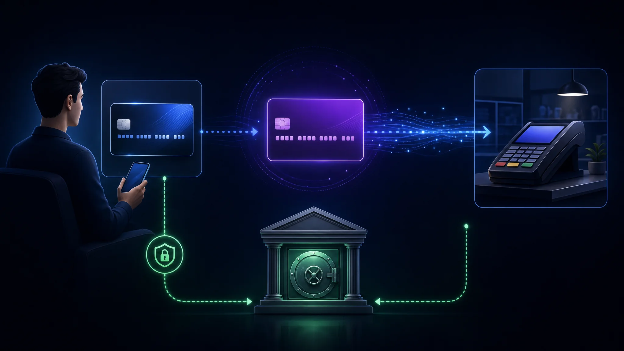 Diagrama que mostra un número de targeta virtual enviat al comerciant mentre el número real de la targeta es manté entre el titular i el banc emissor