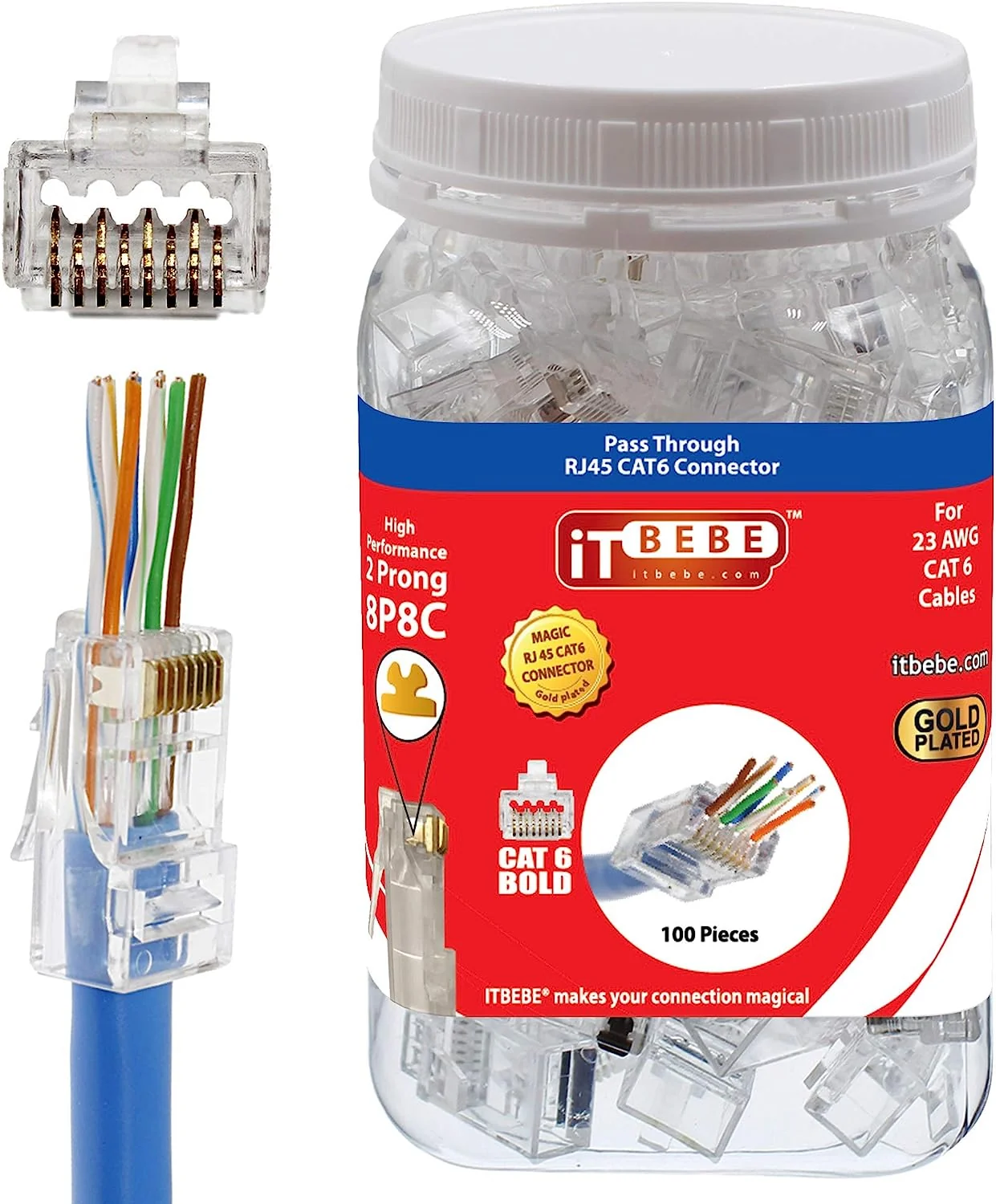 ITBEBE 50 peces connectors RJ45 Cat6 pass-through amb acabat daurat