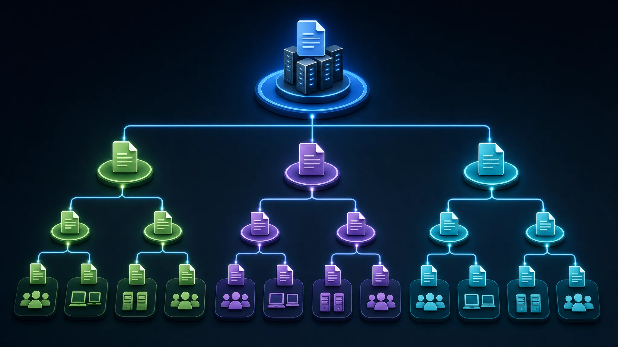 Diagrama que mostra la jerarquia i herència dels GPOs dins d'un domini d'Active Directory, des dels GPOs a nivell de domini fins als GPOs d'unitats organitzatives