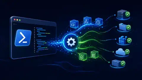 Una il·lustració amb un terminal PowerShell estilitzat amb símbols abstractes al seu voltant, que representen la gestió de configuració i l'automatització, sobre un fons blau marí intens.