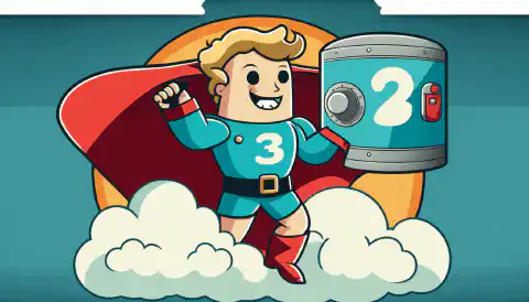 Un personatge de dibuixos animats amb una capa que sosté un escut amb el número 3, mentre es troba a sobre de dues caixes d'emmagatzematge, una que representa un disc dur i l'altra un núvol, i assenyala un globus que representa l'emmagatzematge fora del lloc.