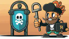 Un pirata informàtic de dibuixos animats al costat d'un pany gran amb una mà sostenint una clau amb el logotip de Fernet i l'altra mà sostenint una clau amb el logotip de Malboge mentre es veu una bandera dins del pany