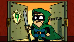 Un pirata informàtic de dibuixos animats amb una capa i una màscara, de peu davant d'una porta de la volta amb el logotip de HTB i sostenint una eina (com una clau anglesa o un tornavís) amb un fons verd que simbolitza l'èxit i la bandera en una bafarada a sobre el seu cap.