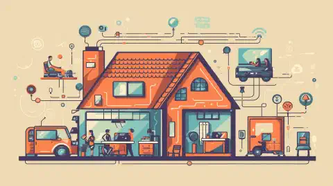 Una il·lustració de dibuixos animats que mostra una casa amb dispositius interconnectats, tant per cable com sense fils, representant una configuració ideal d'internet a casa.