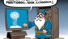 Un dibuix animat d'un mag fent un encanteri per arreglar un ordinador congelat, amb una bafarada que diu Problema resolt