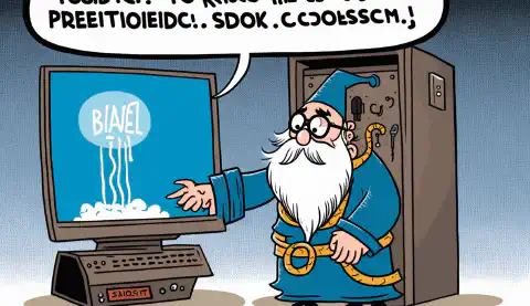 Un dibuix animat d'un mag fent un encanteri per arreglar un ordinador congelat, amb una bafarada que diu Problema resolt