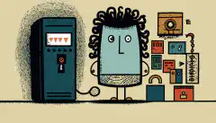 Una persona de dibuixos animats davant d'un ordinador, amb un símbol de pany a sobre del seu cap i diferents tipus de factors d'autenticació, com ara una clau, un telèfon, una empremta digital, etc., flotant al seu voltant