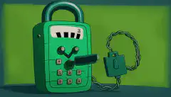 Un telèfon de dibuixos animats amb una pantalla verda i un cadenat al damunt, que simbolitza la seguretat i el xifratge, amb tons DTMF representats al fons