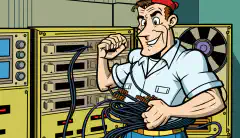 Un tècnic de dibuixos animats sostenint un COTS ONT amb un cable de fibra al fons.
