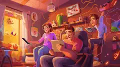 Una il·lustració de dibuixos animats acolorida que mostra una família feliç a casa, envoltada de diversos dispositius connectats a l'Internet Domèstic de T-Mobile.