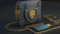 Una cartera de maquinari amb un cadenat i una cadena al voltant, que simbolitza la seguretat d'emmagatzemar criptomoneda en una cartera de maquinari.