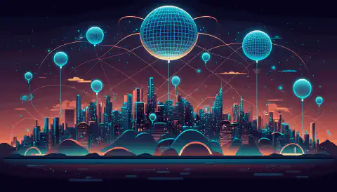 Una il·lustració estilitzada d'un paisatge urbà amb diversos dispositius IoT connectats a una xarxa representats com una xarxa de llum, amb el logotip de Helium visible de manera destacada.