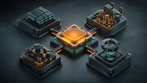 Components metàl·lics modulars connectats a un processador central lluminós amb camins turquesa i taronja sobre una superfície de treball fosca