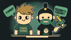 Una imatge animada amb dos personatges, un amb una samarreta de HackTheBox Academy i l'altre amb una samarreta de TryHackMe, cadascun amb un núvol de pensament sobre el cap que conté un símbol rellevant per a la seva plataforma i ambdós personatges de peu sobre un balancí equilibrat al mig.