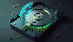 Una imatge d'un disc dur esborrat de manera segura amb programari de sanejament de dades, amb un cadenat o un escut simbolitzant la seguretat al primer pla