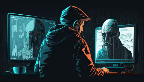 Imatge d'una persona asseguda davant d'un ordinador amb una expressió preocupada mentre es mostra a la pantalla un pirata informàtic o un ciberdelinqüent, que representa els perills de les amenaces cibernètiques i la importància de la ciberseguretat