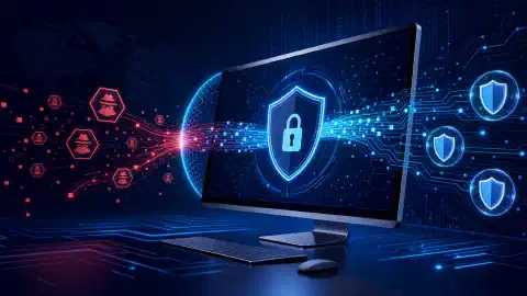 Una il·lustració d’una pantalla d’ordinador mostrant una interfície futurista de navegador de privacitat amb símbols abstractes de protecció de dades i xifratge sobre un fons blau marí fosc.