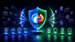 Una il·lustració que mostra un paisatge digital amb una estructura en forma d’escut que simbolitza la privadesa, envoltada d’icones vibrants que representen la protecció de dades, sobre un fons fosc.