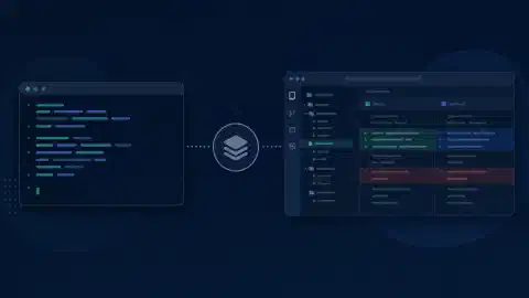 Espais de programació al terminal i a l'escriptori connectats a un símbol de repositori amb accents turquesa i blaus