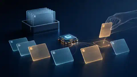 Un processador lluminós al costat de targetes de documents translúcides reordenades i una pila d'arxiu separada sobre una superfície fosca