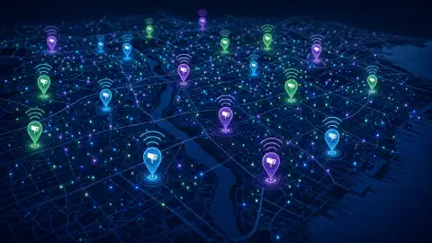 Un mapa interactiu que mostra marcadors de colors que indiquen les ubicacions de les càmeres Flock Safety ALPR, amb senyals WiFi abstractes emanant dels marcadors sobre un fons fosc.