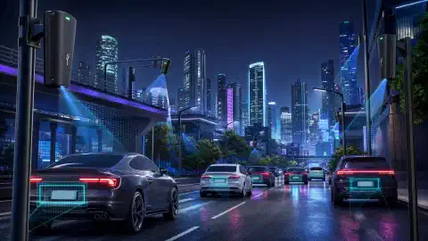 Una il·lustració d'una ciutat futurista amb diverses càmeres Flock Safety ALPR muntades a pals i edificis, capturant vehicles que hi passen. L'escena presenta un fons fosc amb colors brillants i vibrants.