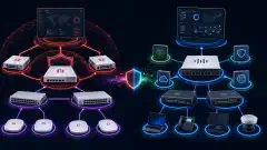 Una il·lustració que mostra dues arquitectures de seguretat de xarxa. A l'esquerra, els components de Fortinet com els tallafocs FortiGate i FortiSwitch estan interconnectats. A la dreta, es representen les solucions de Cisco com Secure Firewall i commutadors Catalyst, tot sobre un fons fosc.