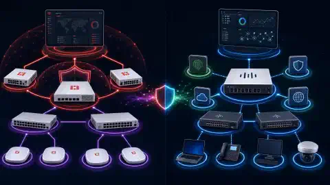 Una il·lustració que mostra dues arquitectures de seguretat de xarxa. A l'esquerra, els components de Fortinet com els tallafocs FortiGate i FortiSwitch estan interconnectats. A la dreta, es representen les solucions de Cisco com Secure Firewall i commutadors Catalyst, tot sobre un fons fosc.