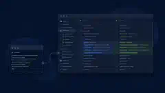 Indicació de terminal connectada a una selecció de l’editor i a una diferència visual en un espai de programació blau i verd