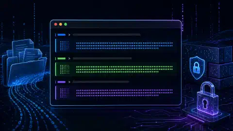 Una il·lustració d'un terminal Linux futurista mostrant sortides de comandes de hash, envoltat de fitxers abstractes i símbols digitals sobre un fons fosc, amb accents vibrants en blau, verd i porpra.