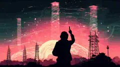 Il·lustració d'una persona apuntant una antena cel·lular direccional cap a una torre cel·lular amb ones de senyal propagant-se.