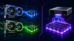 Il·lustració amb dues targetes gràfiques NVIDIA RTX 5060 Ti a l'esquerra i un sistema NVIDIA GB10 a la dreta, tots dos ressaltats sobre un fons fosc amb colors vius.