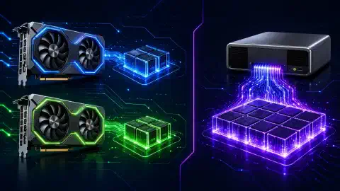 Il·lustració amb dues targetes gràfiques NVIDIA RTX 5060 Ti a l'esquerra i un sistema NVIDIA GB10 a la dreta, tots dos ressaltats sobre un fons fosc amb colors vius.