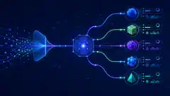 Il·lustració digital abstracta de nodes connectats que representen serveis d'inferència d'IA, amb línies brillants que indiquen el flux de dades sobre un fons fosc.