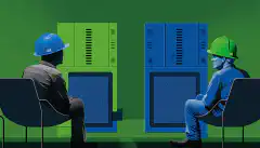 Dos servidors enfrontats, un blau i un altre verd. Al costat blau hi ha una persona que porta un casc i armilla de seguretat. Al costat verd una persona asseguda al sofà.