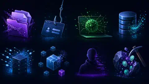 A digital illustration featuring colorful abstract icons symbolizing various cyberattack types like ransomware, phishing, and denial of service against a dark background.