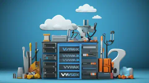 Una torre de servidor informàtic, un núvol i una caixa d'eines simbolitzant les opcions VMware ESXi, Citrix XenServer i Hyper-V.